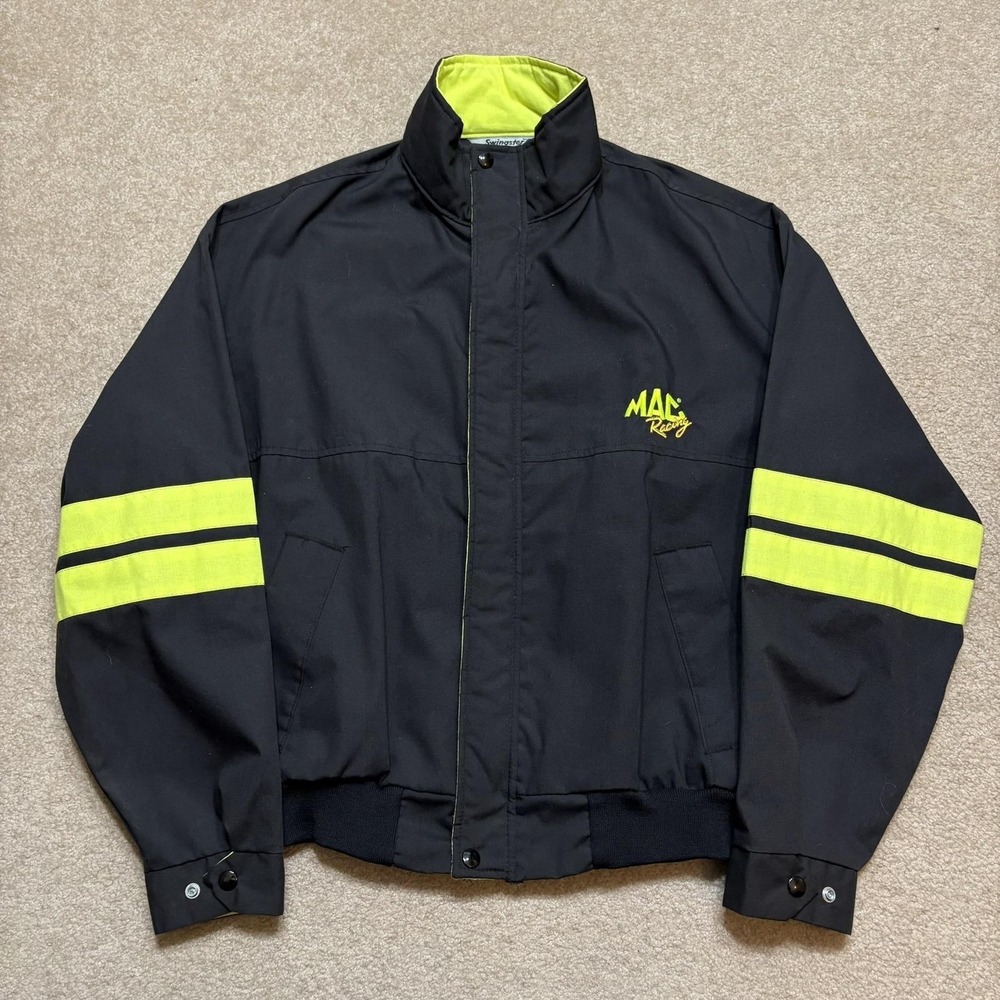 Vtg 80s Mac Tools Racing Jacket Medium Black Swingster Bomber Stripe Hi Vis Auto